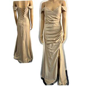Jo + El Off Shoulder Gown Long Elegant Golden Party Evening Dress Womens Size M